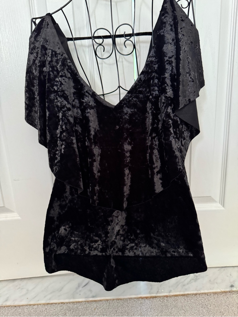 She + Sky Black Crushed Velvet V-Neck Blouse